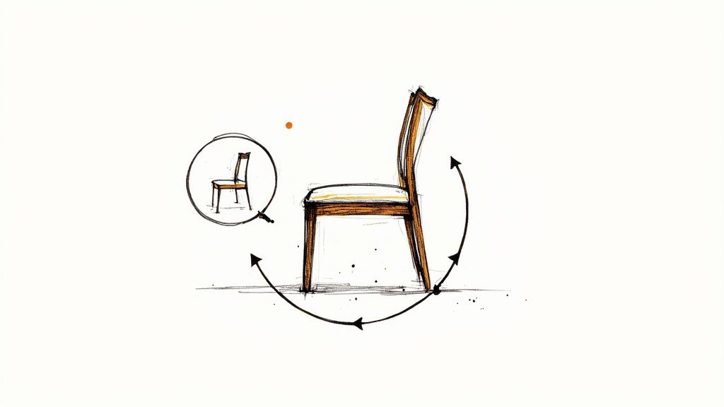 A 360-degree interactive ad showing a modern chair, with arrows indicating the user can rotate it to see all sides.