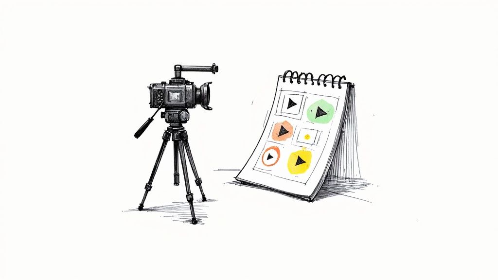 An illustration showing a person holding a smartphone and recording a video, with icons representing customer engagement and sales floating around them.