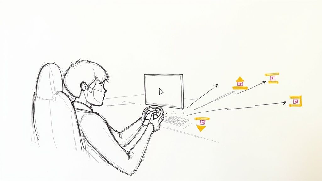 A team collaborating on a corporate training project, looking at a screen with charts and video clips.