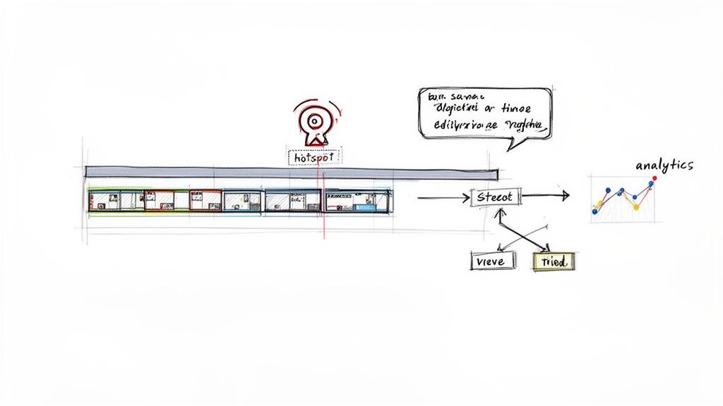 A hand-drawn diagram illustrating a process flow from a "hotspot" through stages to analytics.