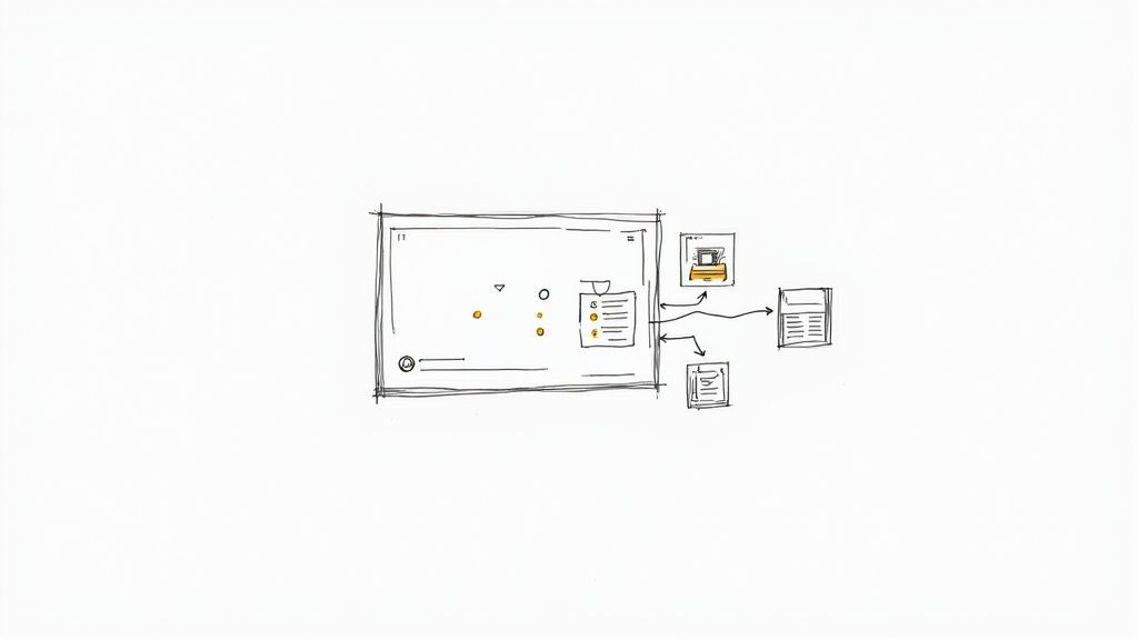 Hand-drawn sketch of a screen interface with internal elements linked to external documents and a computer.