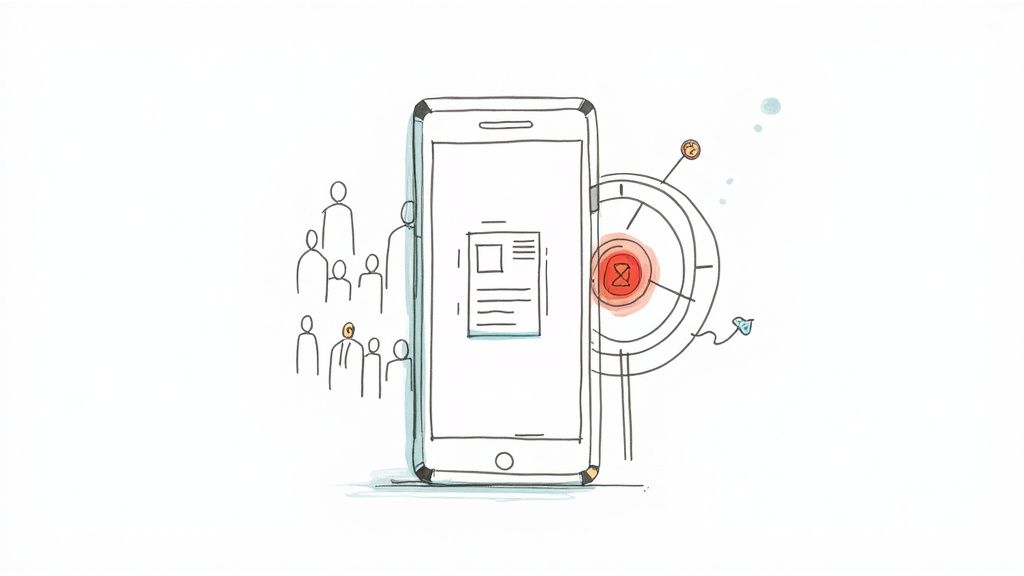 Illustration of a smartphone, a group of people, and a target with an hourglass, representing B2C lead generation.
