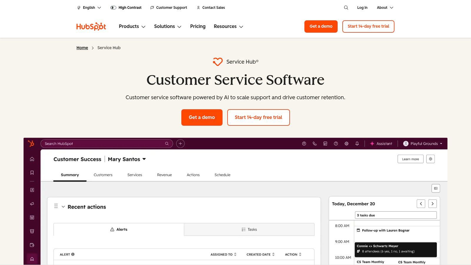HubSpot Service Hub dashboard showing customer service tickets and metrics