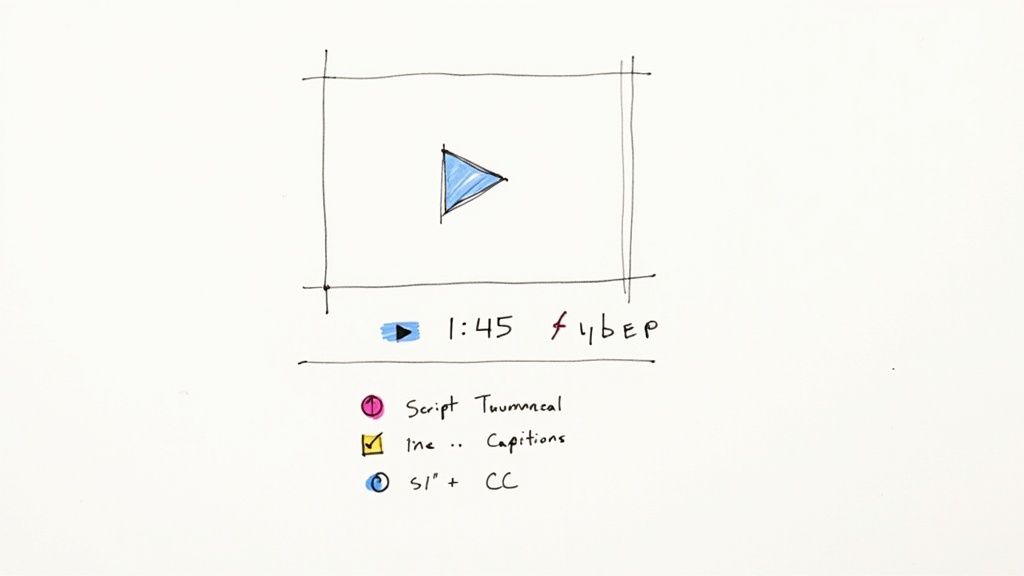 Hand-drawn sketch of a video player with a play button, 1:45 timestamp, and a legend for video features like script and captions.