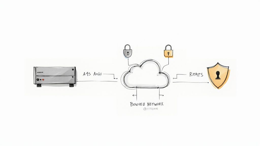 Diagram showing an emme device connecting to a Bovived Network cloud and a secure endpoint.