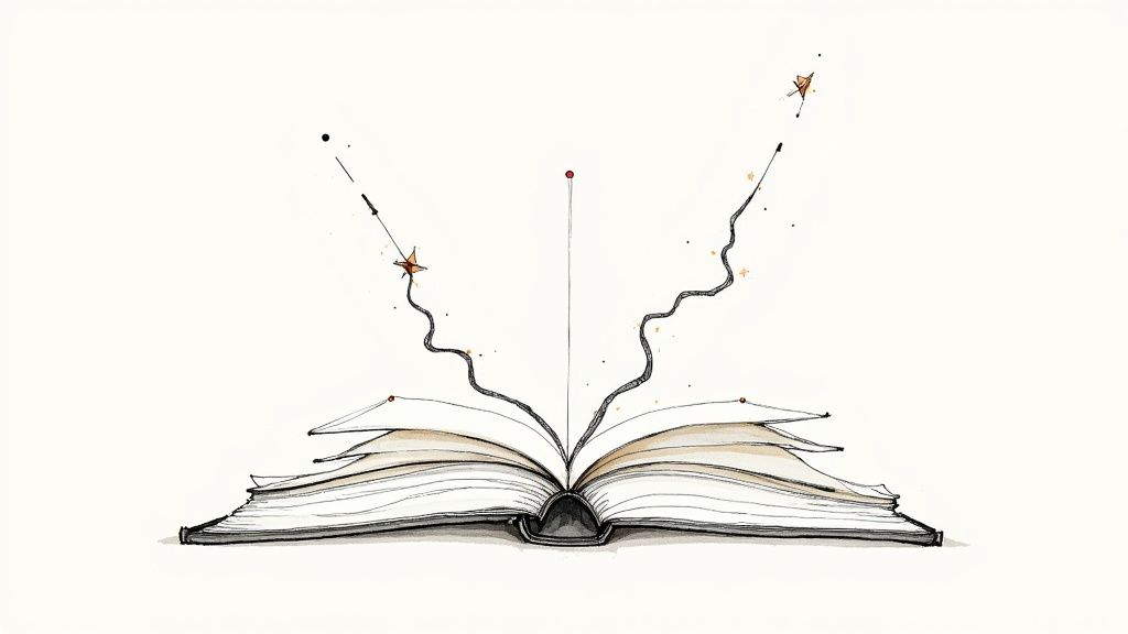 A person's hand pointing at different branching paths on a futuristic, glowing interface.