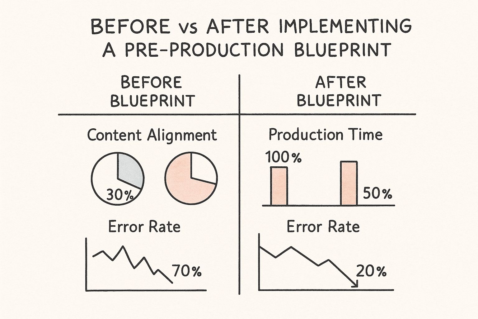 Infographic comparing video production metrics before and after implementing a pre-production blueprint, showing improvements in content alignment, production time, and error rate.