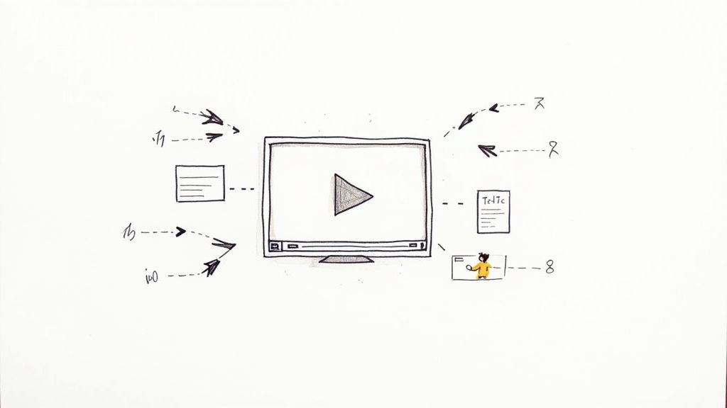 Diagram showing video production workflow with input sources converging to monitor display and output formats