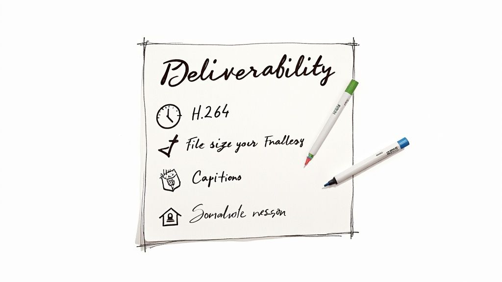 A handwritten checklist for video deliverability on paper, showing H.264, file size, captions, and content, with pens.