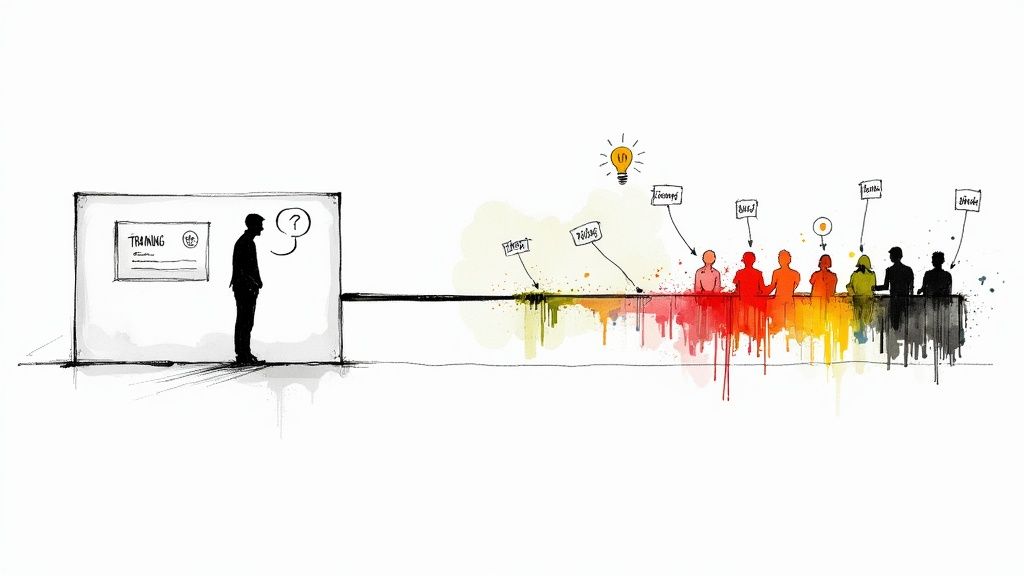 A team collaborating on training materials on a large screen in a modern office.