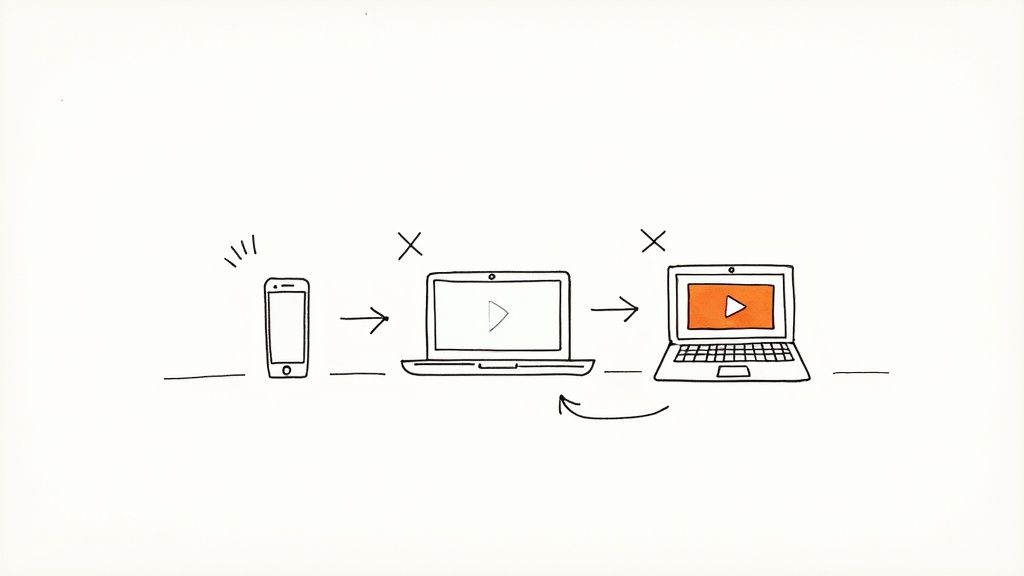 Hand-drawn diagram of a phone attempting to play video on two laptops, showing a potential loop or error.