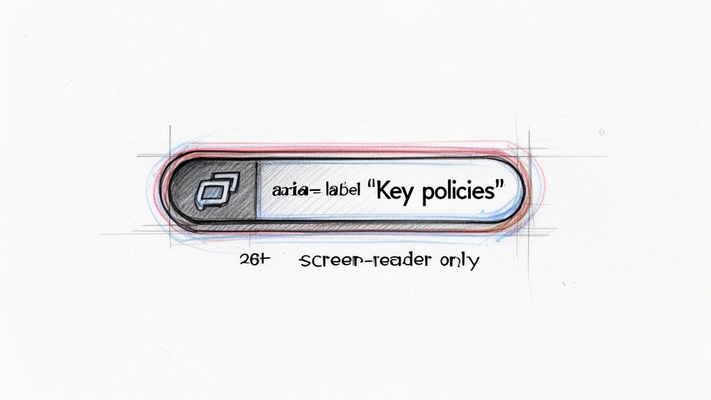 A hand-drawn sketch of a toggle button with an icon and accessibility label 'Key policies'.