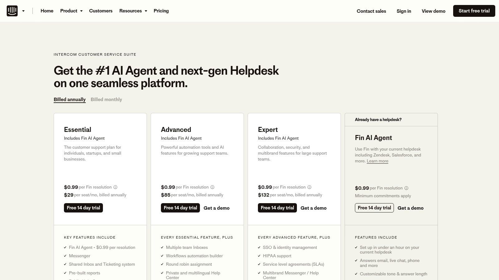 Intercom's pricing page showing its different plans and features