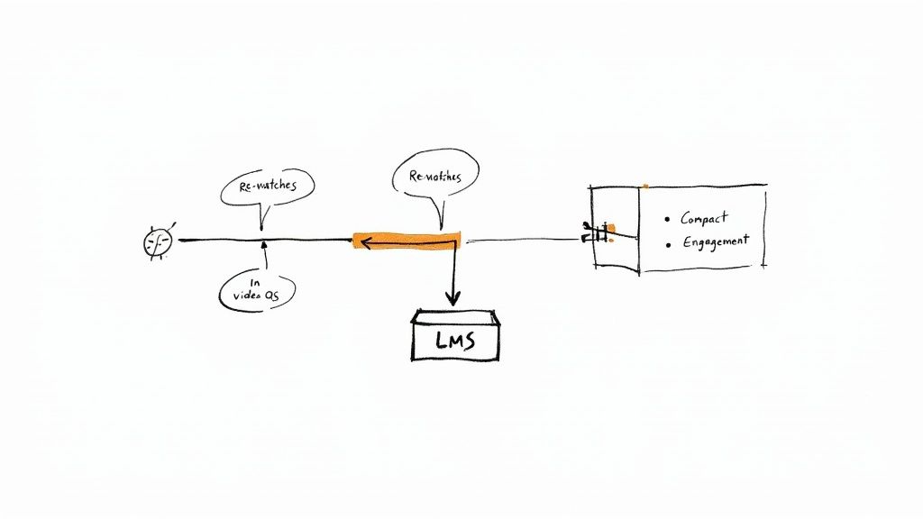 Hand-drawn diagram illustrating video engagement metrics like re-watches and in-video questions, integrating with an LMS for compact engagement.
