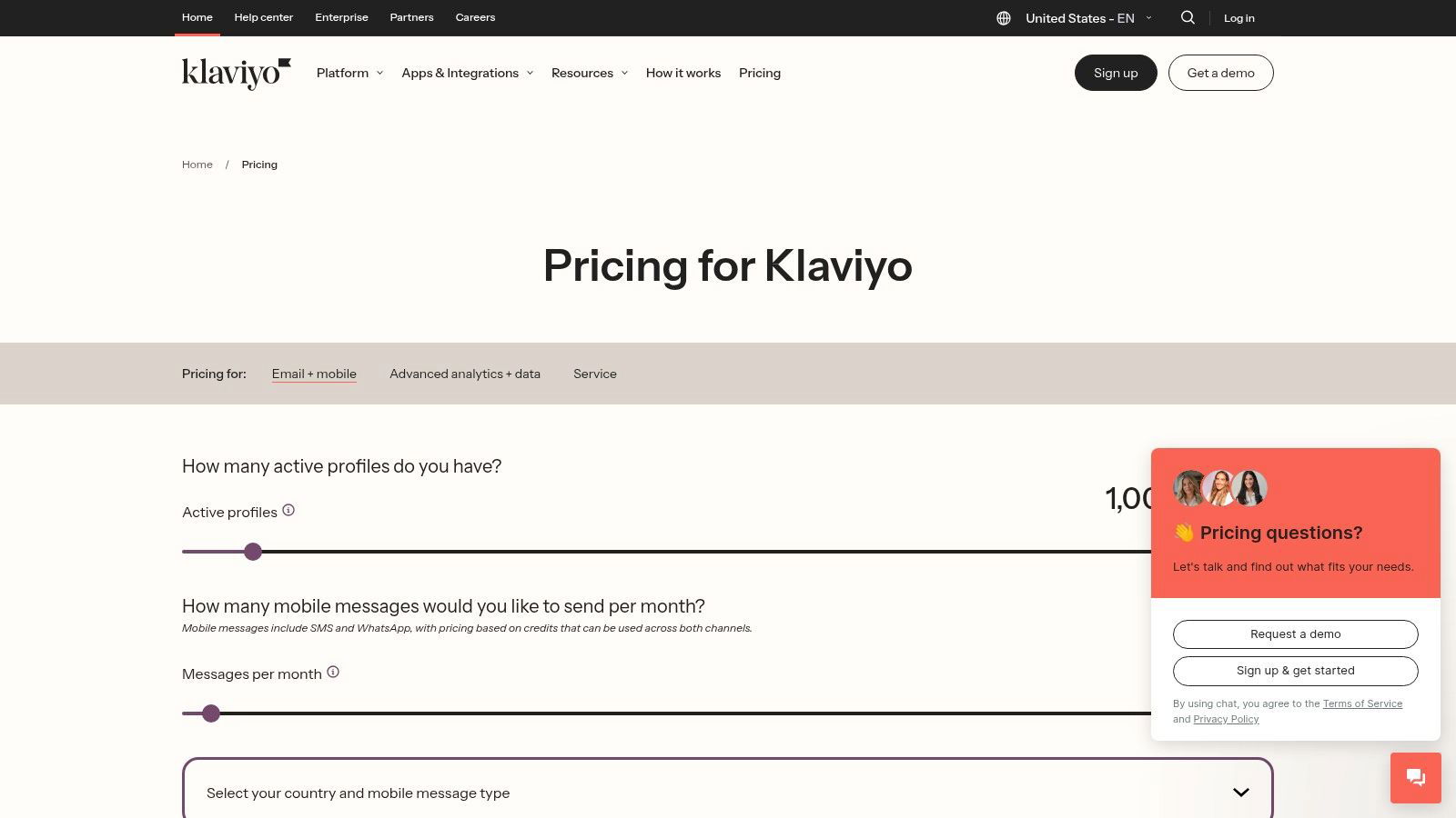 Klaviyo pricing page showcasing transparent, profile-based tiers