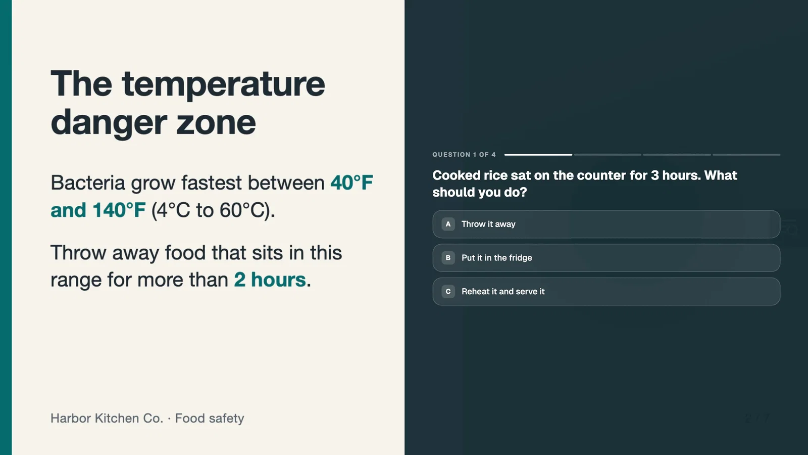 A slide video paused on a multiple-choice question that fills the right half of the frame while the slide text stays visible