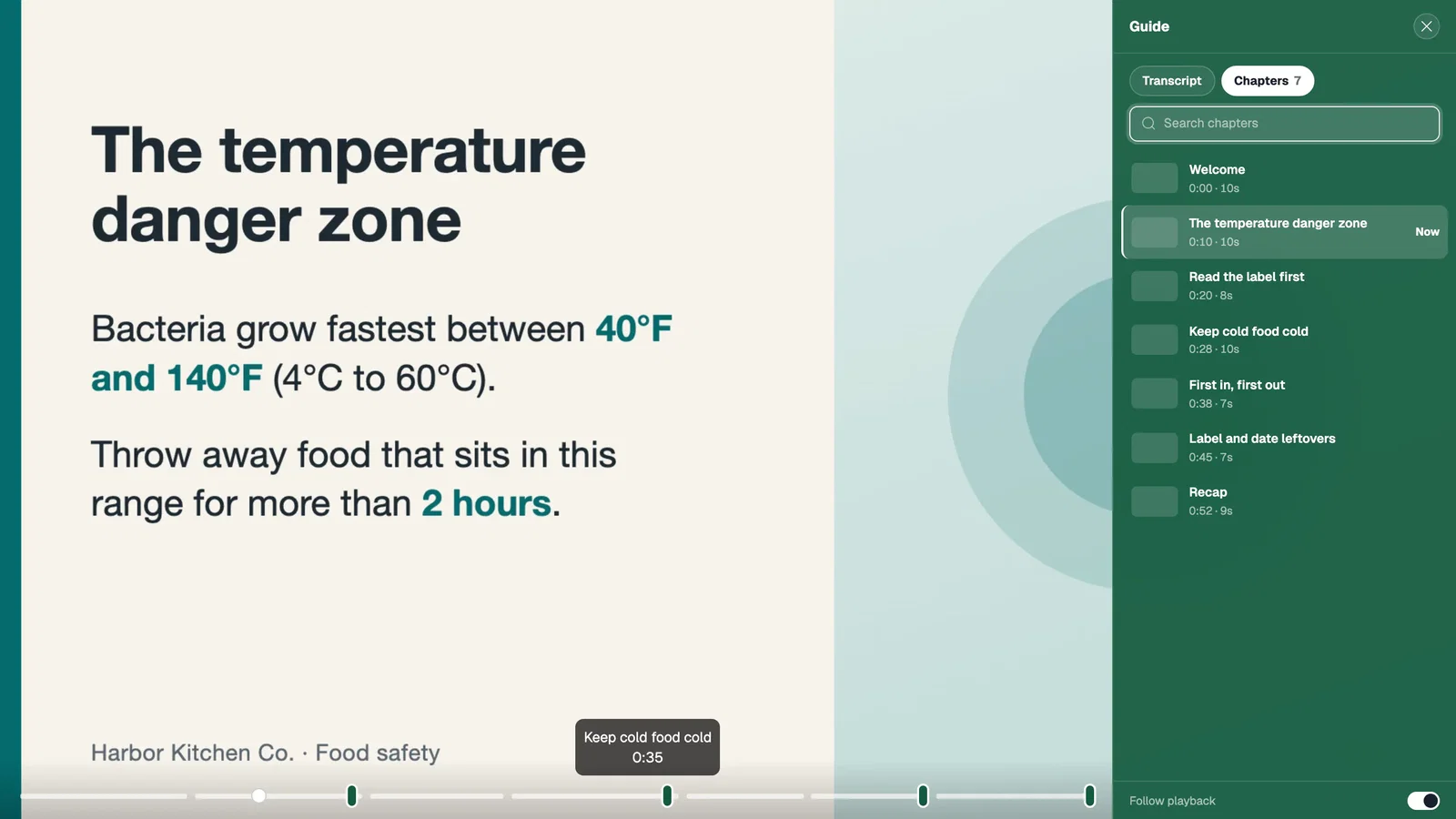 A video with the chapter guide open beside it, listing seven chapters with times and a search box