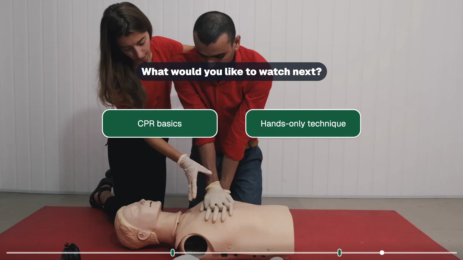 A CPR training video with the prompt What would you like to watch next? and two buttons, CPR basics and Hands-only technique