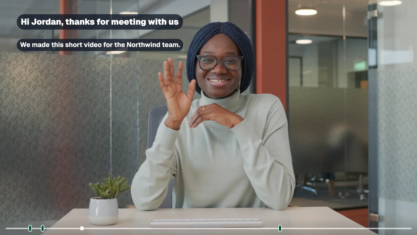 A presenter video with the overlays "Hi Jordan, thanks for meeting with us" and a line for the Northwind team