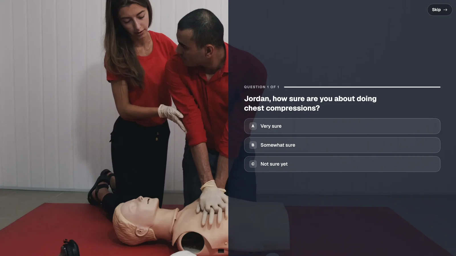A CPR training video paused on a question that greets the viewer by name, with three answers and a Skip button