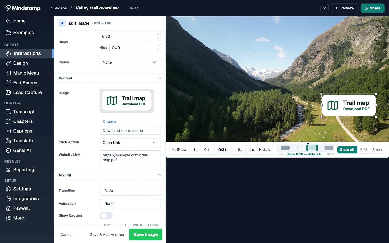 Mindstamp editor with an image button for a trail map, its caption, and an Open Link click action