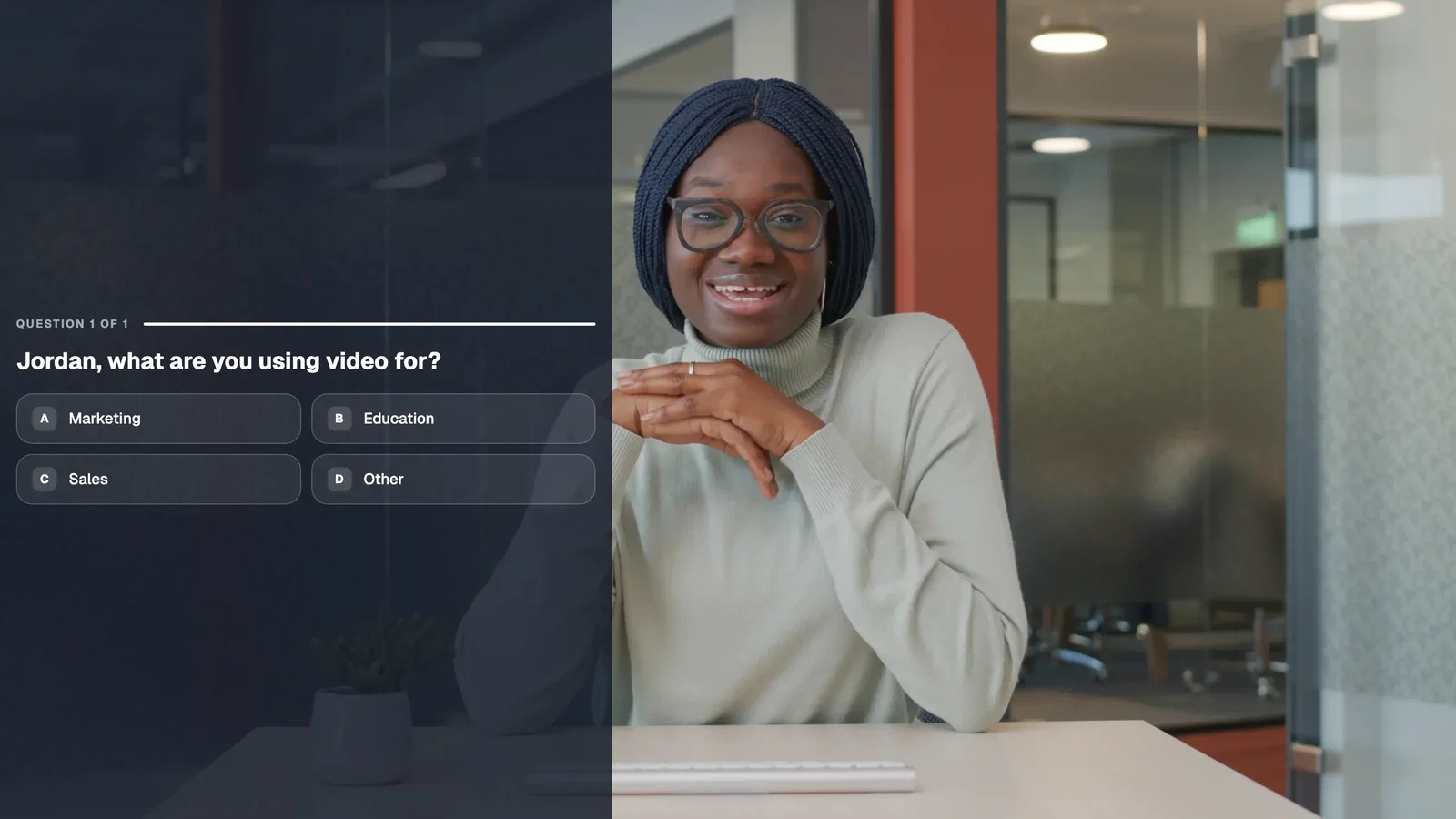 A presenter video paused on the survey question Jordan, what are you using video for? with four answers