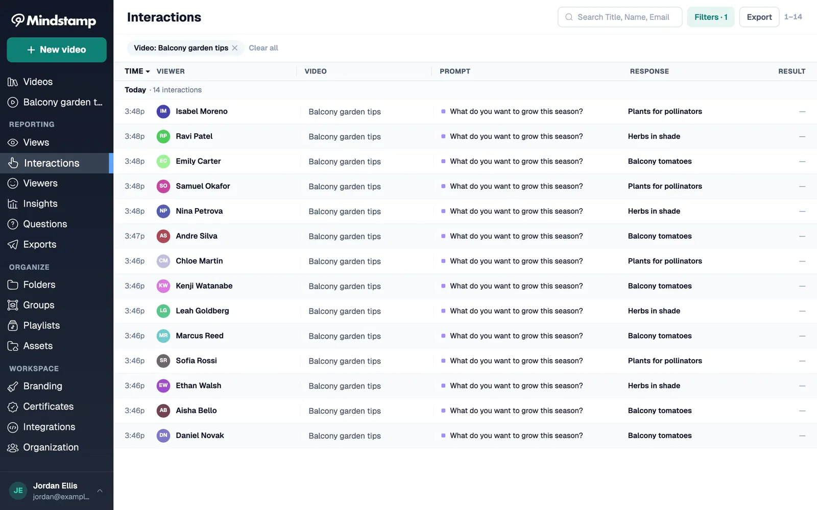 The Interactions report listing each viewer's answer to What do you want to grow this season?