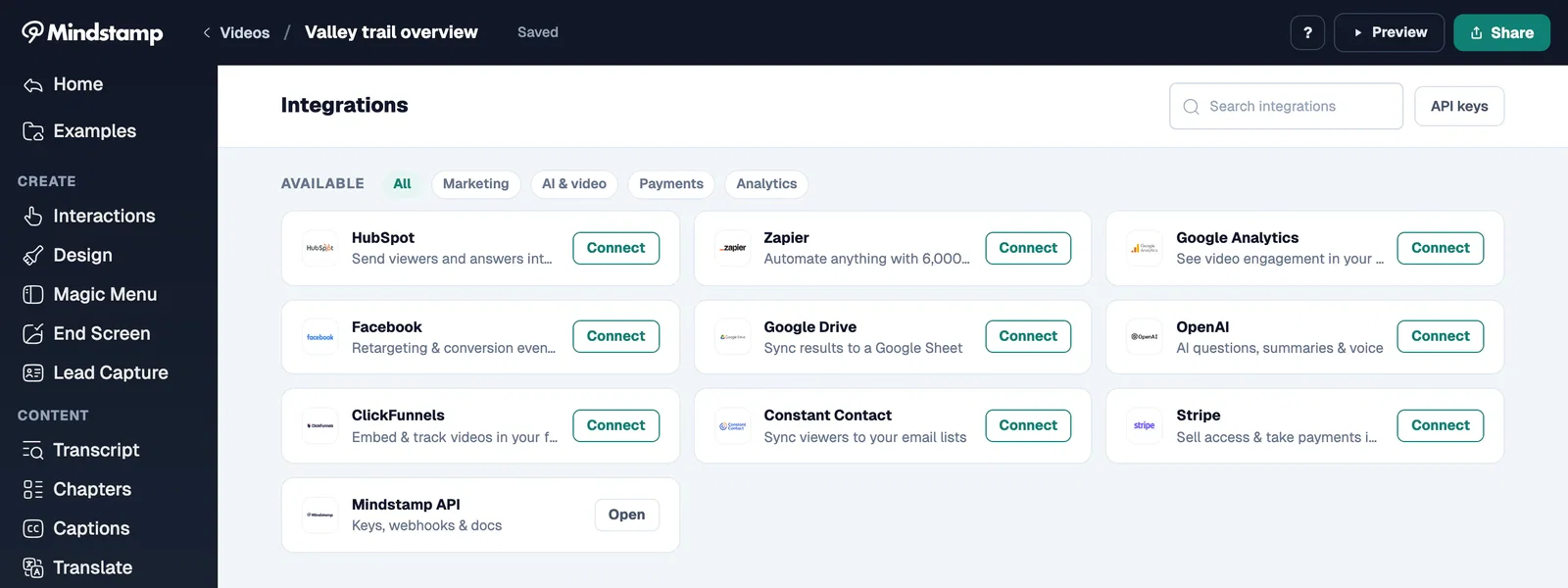 Mindstamp video Integrations page with HubSpot, Zapier, and Mindstamp API cards among others