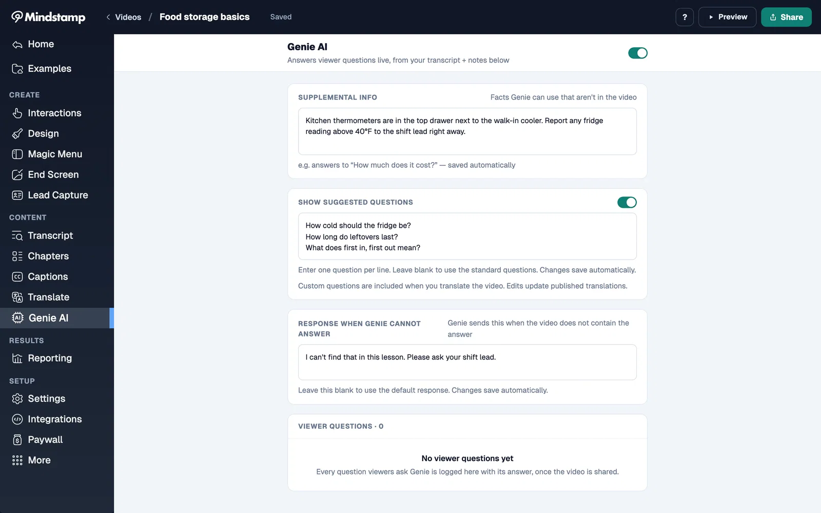 Mindstamp Genie AI settings with supplemental info, three suggested questions, and a custom no-answer reply