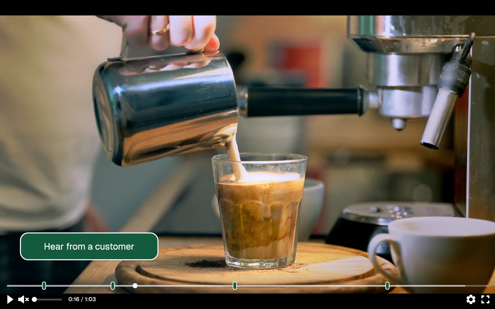 A coffee video with a Hear from a customer button in the lower left corner