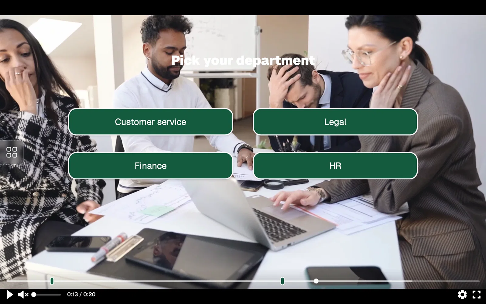 An office video with Pick your department and four buttons that each open a different video