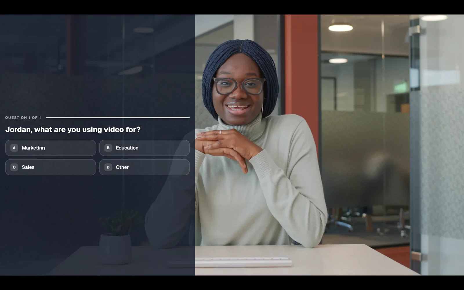 A video question that greets the viewer by name and asks what they use video for, with four answers