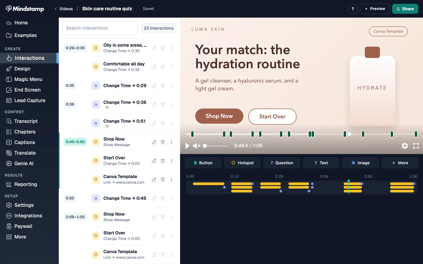 Mindstamp editor showing the skin care quiz interactions: answer hotspots, hold loops, and two result routes at 0:36
