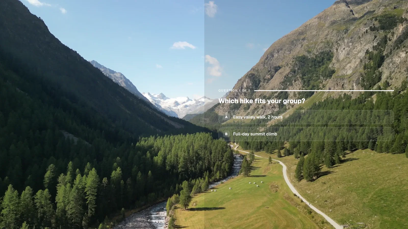 A see-through question on the right half of a mountain video, with a black background at 10% opacity
