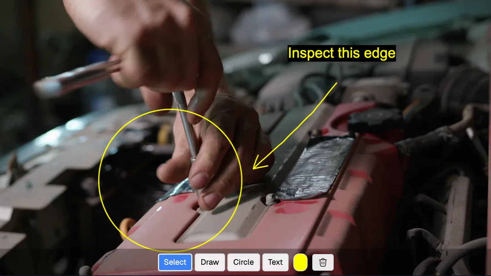A repair video with a yellow circle, arrow, and label drawn on it, above the Select, Draw, Circle, and Text tools