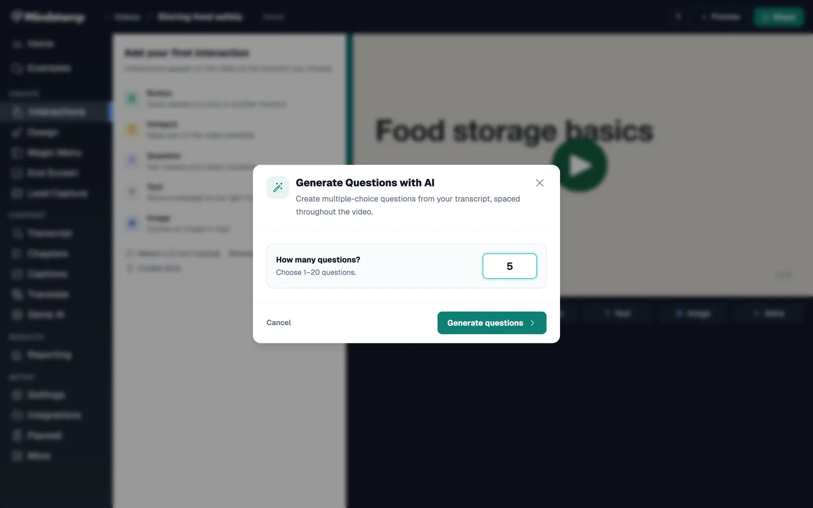 Generate Questions with AI dialog with the number of questions set to 5 and a Generate questions button