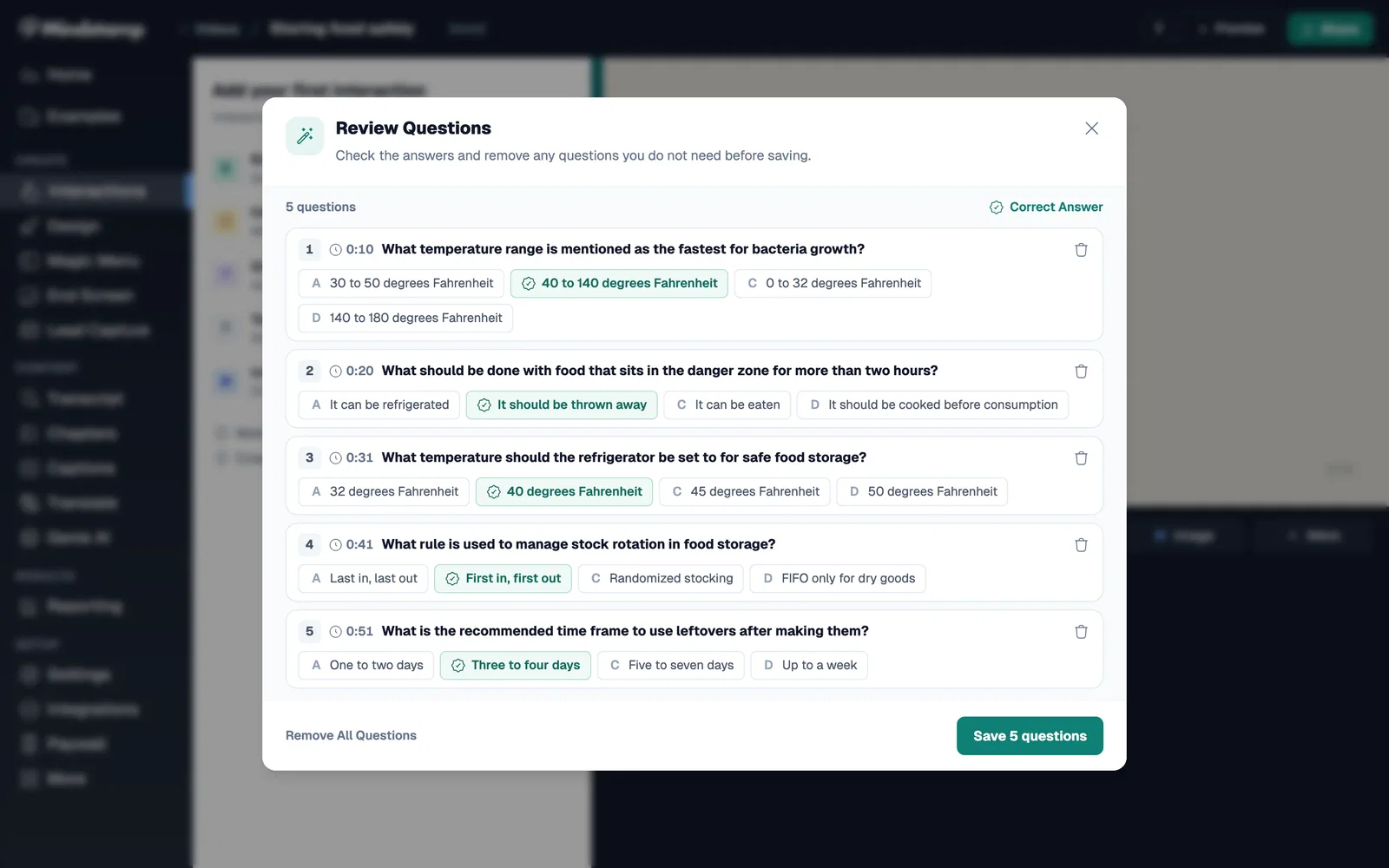 Review Questions dialog listing five AI-drafted questions with times, four answers each, and the correct answer marked