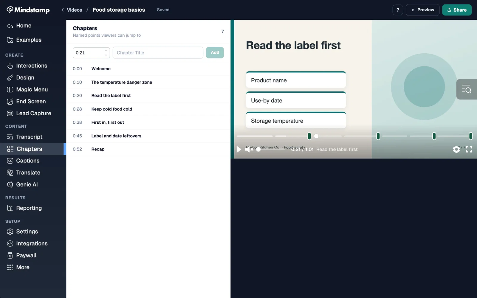 The Mindstamp Chapters page with a time field, a chapter title field, an Add button, and a list of seven chapters