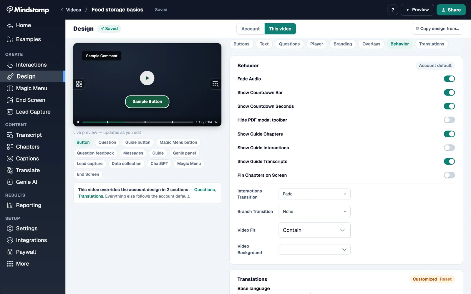Mindstamp Design page, Behavior tab, with switches for guide chapters, interactions, transcripts, and pinned chapters