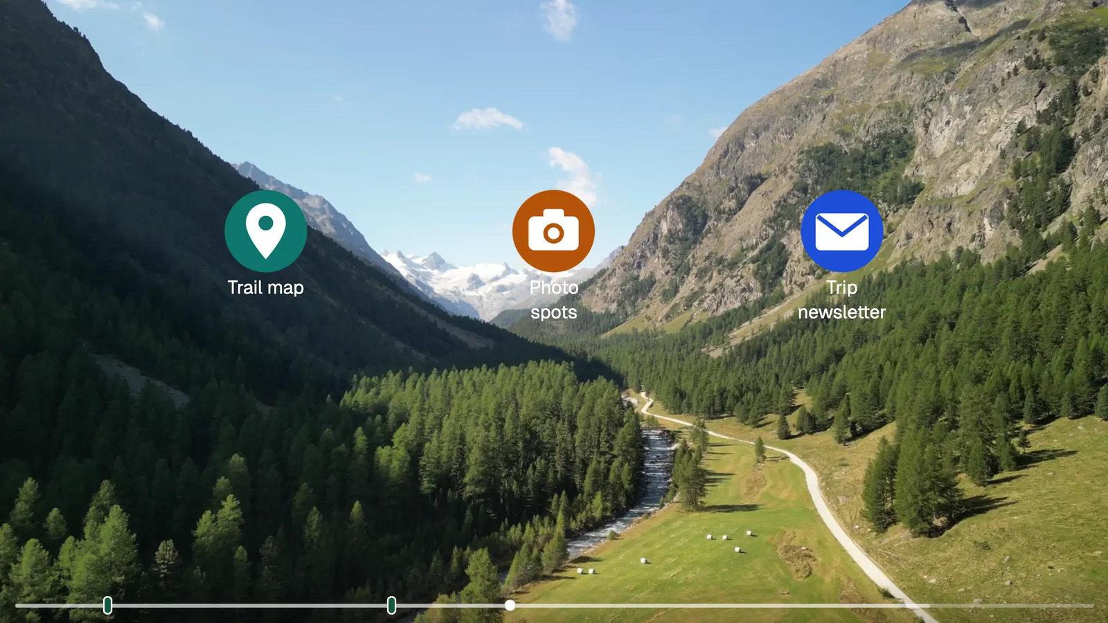 Three icon images over a mountain video with the captions Trail map, Photo spots, and Trip newsletter
