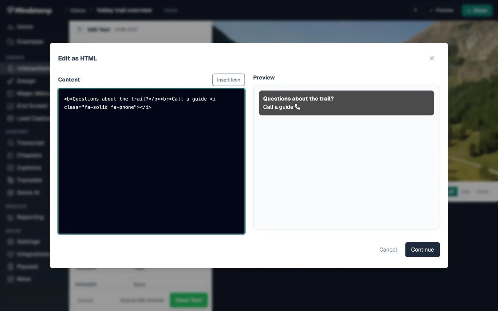 Edit as HTML dialog with code on the left and a preview of a text box with a phone icon on the right