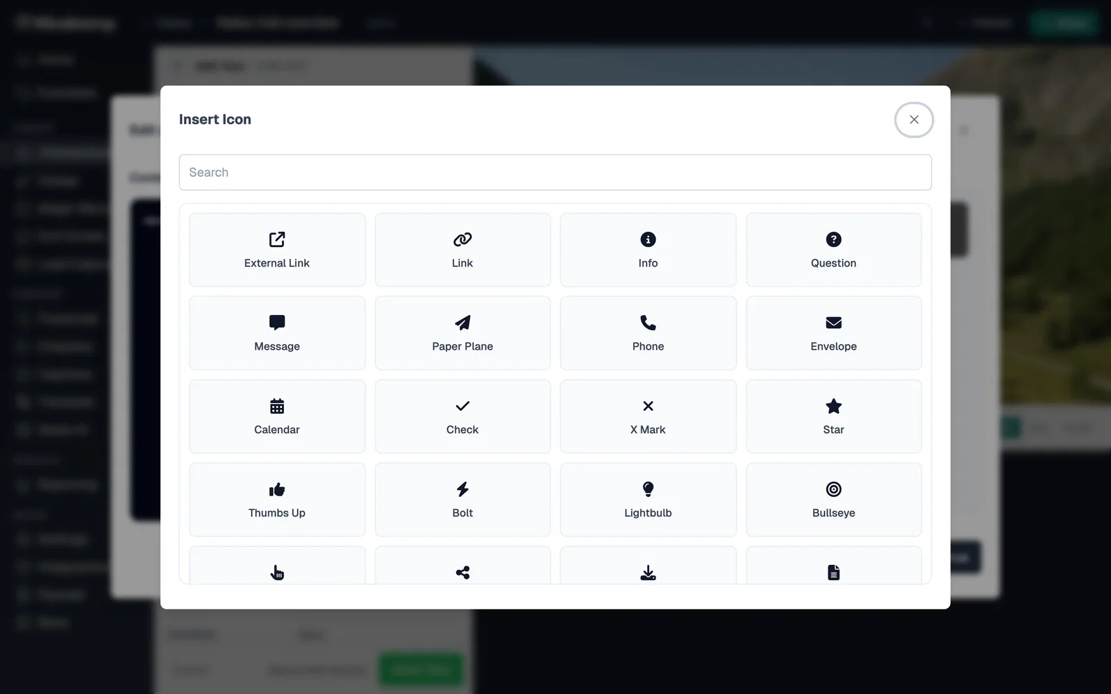 Insert Icon window with a search box and a grid of icons such as External Link, Phone, and Calendar