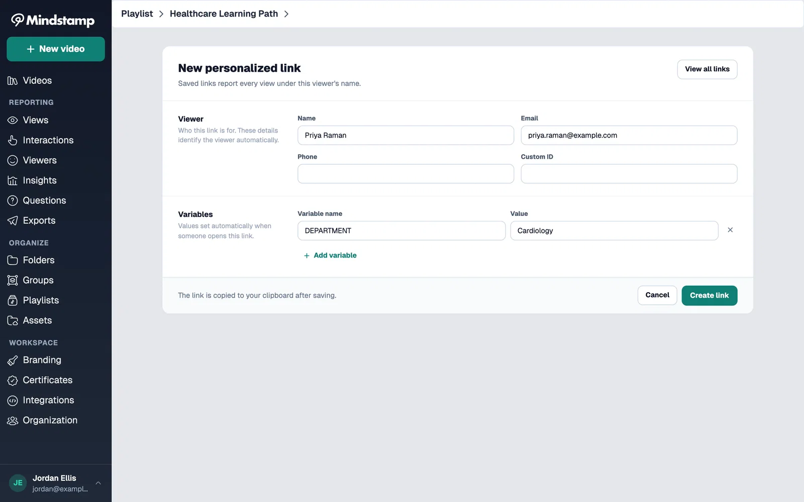 New personalized link form for a playlist with a viewer name, email, and one variable filled in