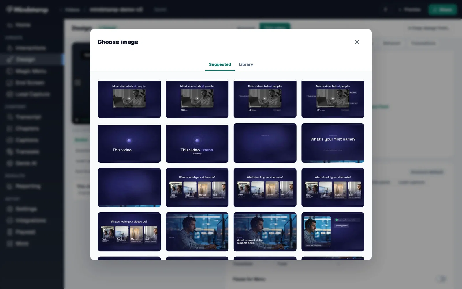Choose image window with a grid of suggested thumbnail frames taken from the uploaded video