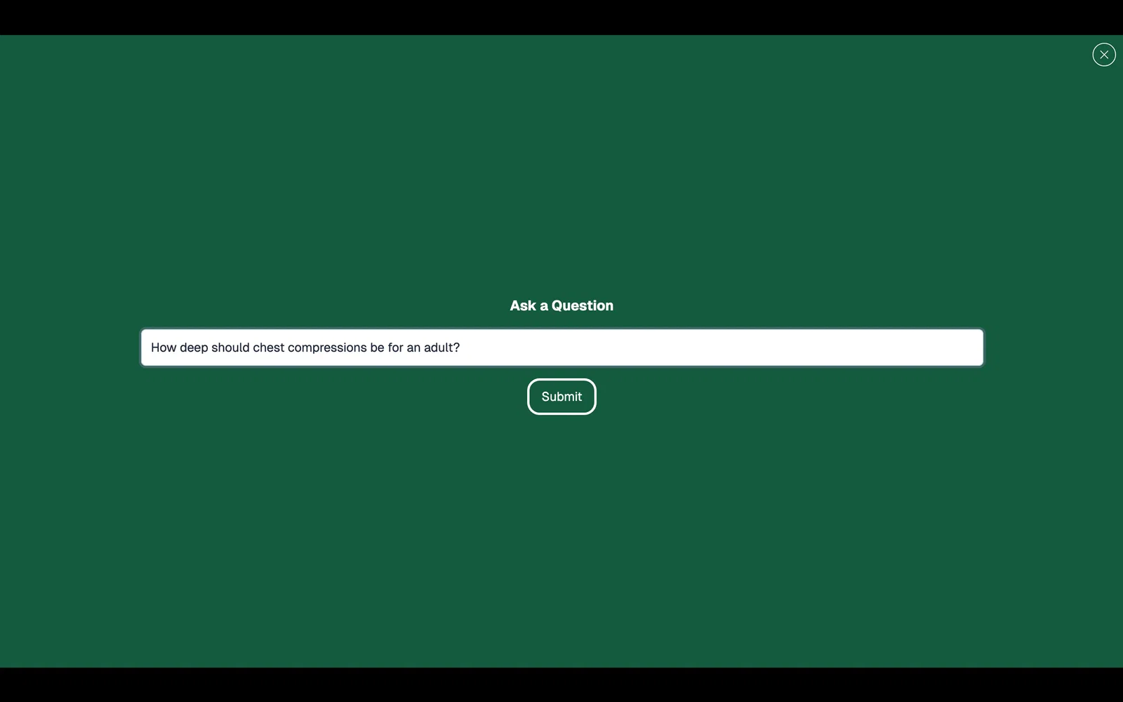 The Ask a Question window in a video player with a typed question about chest compressions