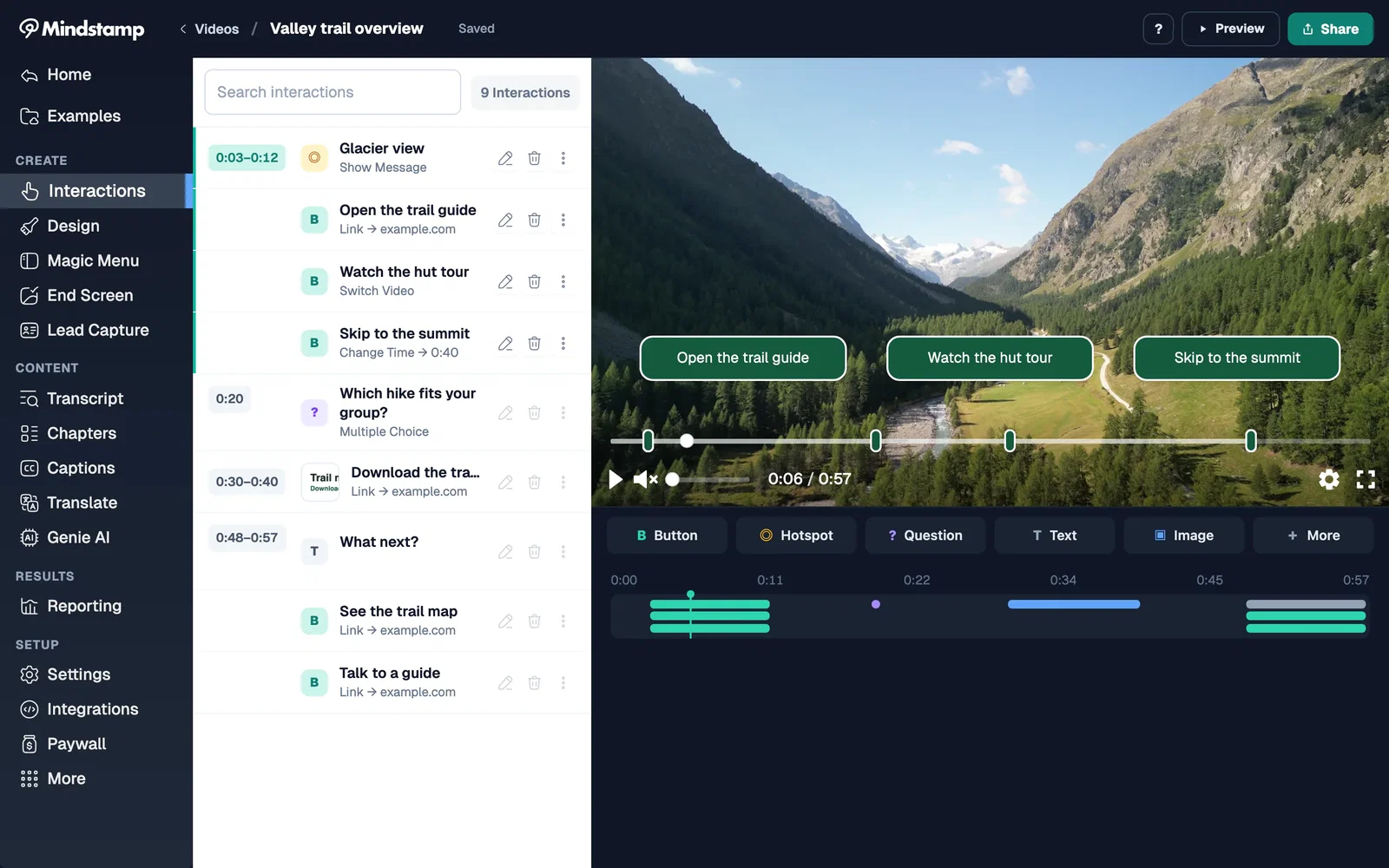 Mindstamp editor with the side menu groups Create, Content, Results, and Setup next to the interaction list