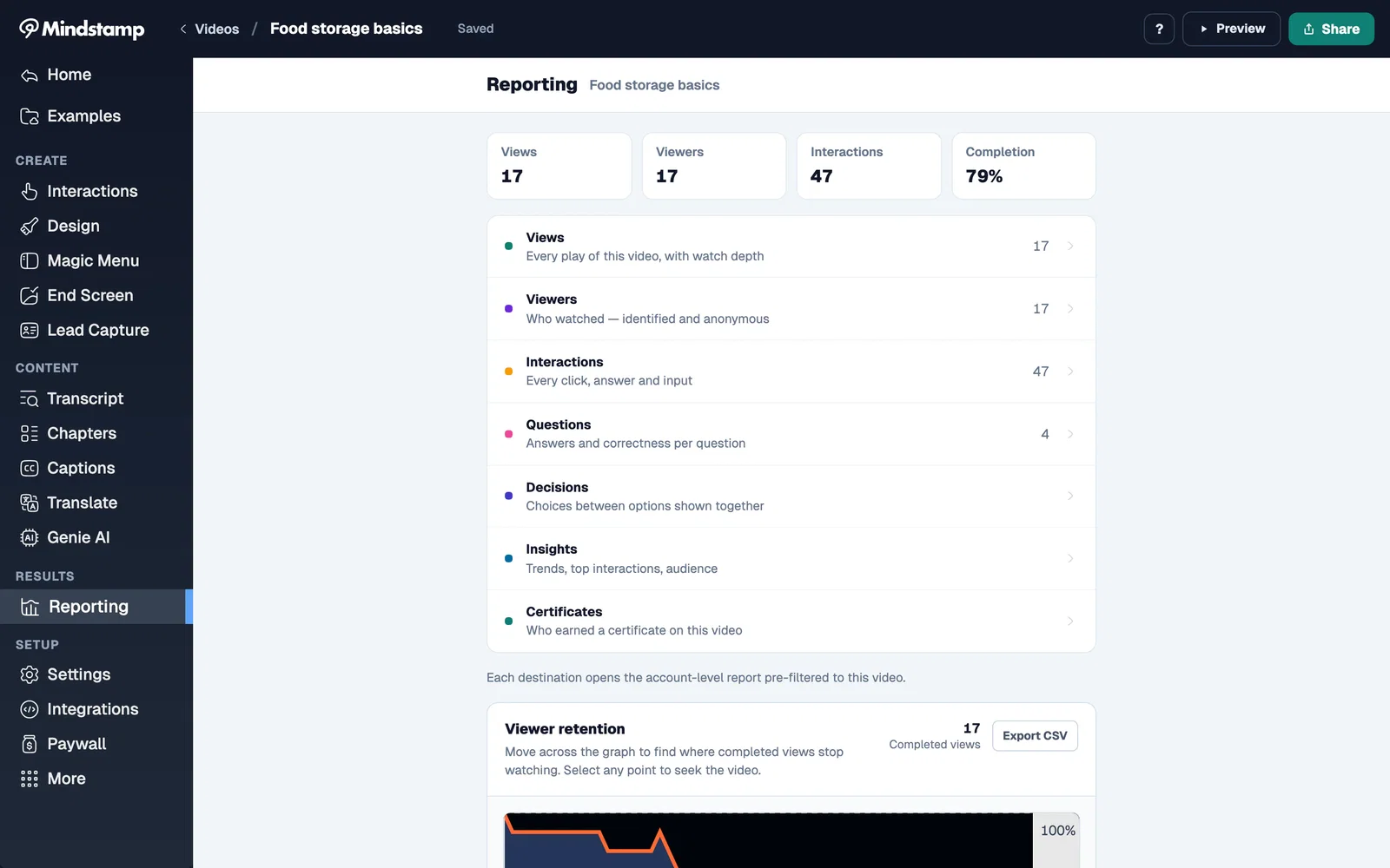 Mindstamp video Reporting page with view, viewer, interaction, and completion totals and report links