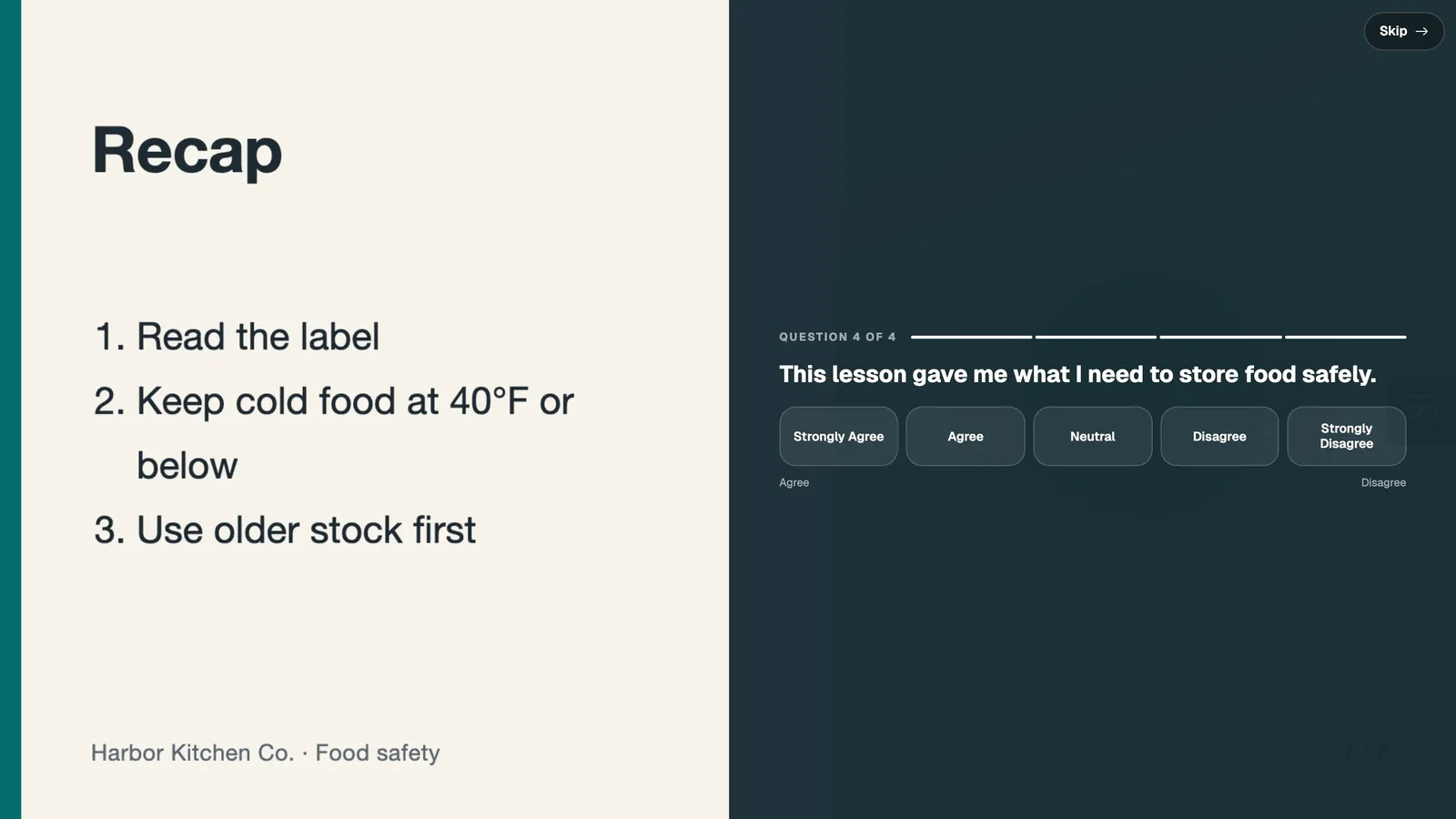 A training video ending with a Likert question, from Strongly Agree to Strongly Disagree, about whether the lesson helped