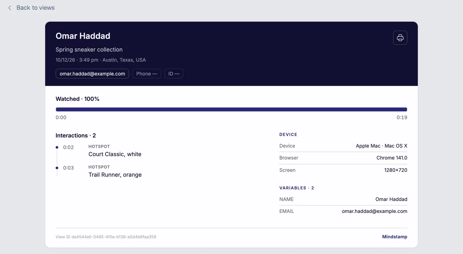 A view report for one viewer showing 100% watched and two product hotspot clicks with their times
