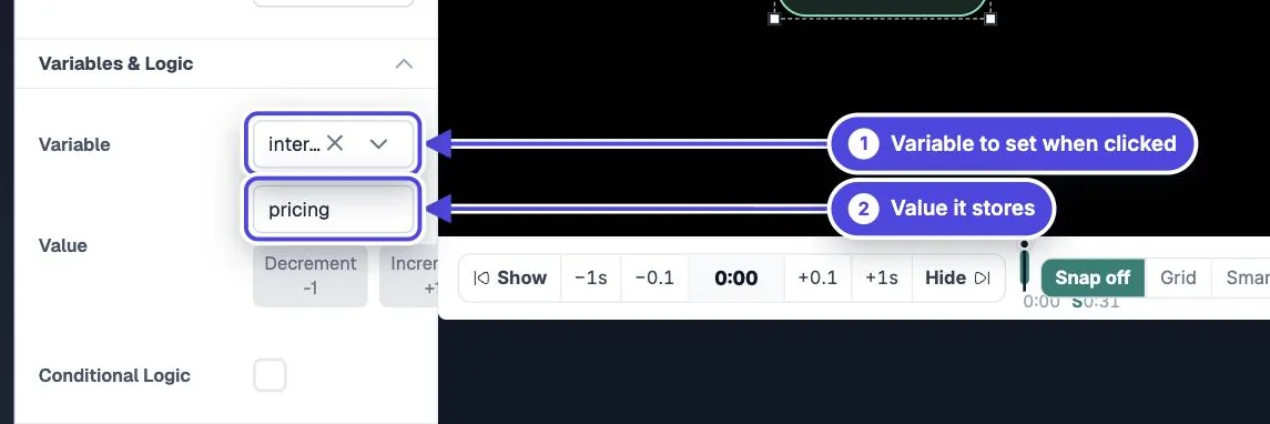 Variables & Logic section of a Mindstamp button with the Variable set to interest and the Value set to pricing